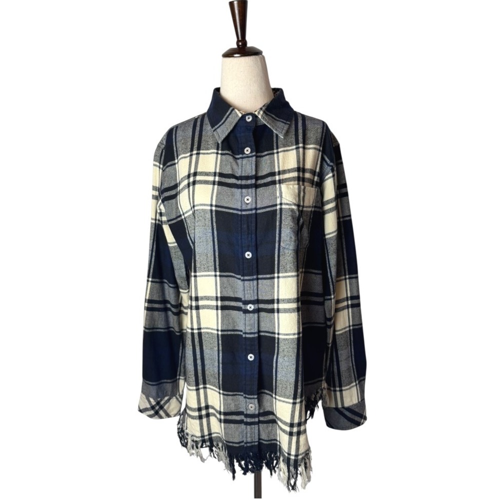 Tizzie Shirt Women Medium Blue Ivory Plaid Cotton Fringe Hem‎ Button Down Preppy